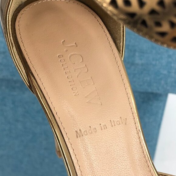 J.Crew Gold Perforated Pointed Toe Ankle Strap Natasha Mirror Metallic Heels 7 - Picture 8 of 15